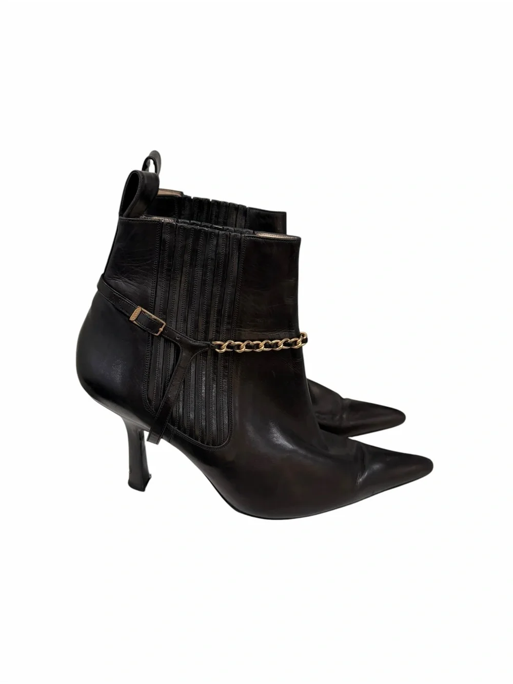 CHANEL Black Leather Chain Strap Pointed Toe Ankle Boots Booties